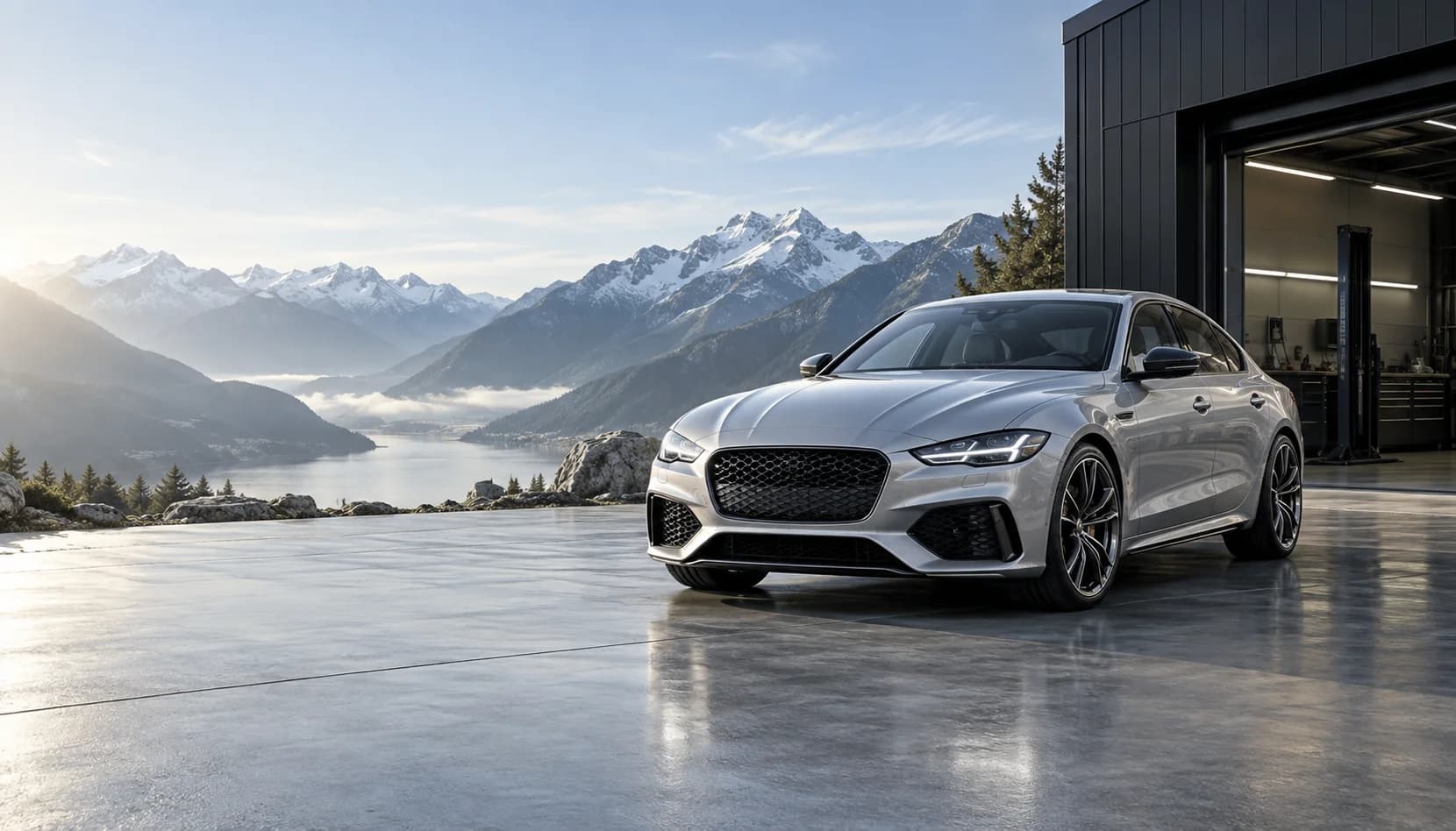 Silver sports sedan outside a modern automotive workshop